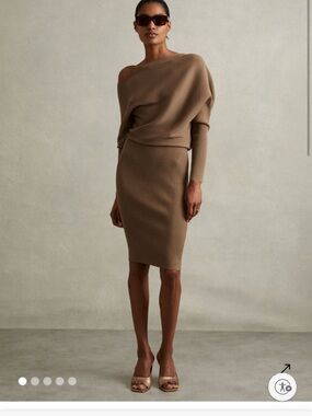 Reiss Tan One-Shoulder Ribbed Midi Dress